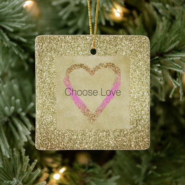 Glam Gold Pink Glitter Heart  Ceramic Ornament (Tree)
