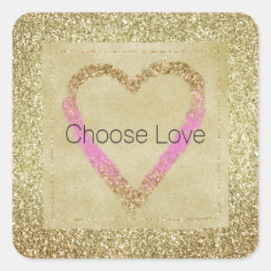 Glam Gold Pink Glitter Heart Square Sticker