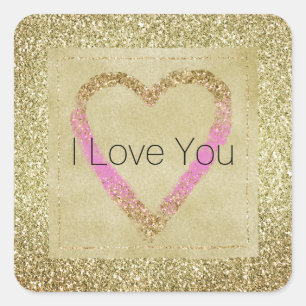 Glam Gold Pink Glitter Heart   Square Sticker