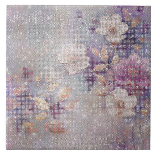 Glam Gold Purple Floral Sparkle   Ceramic Tile