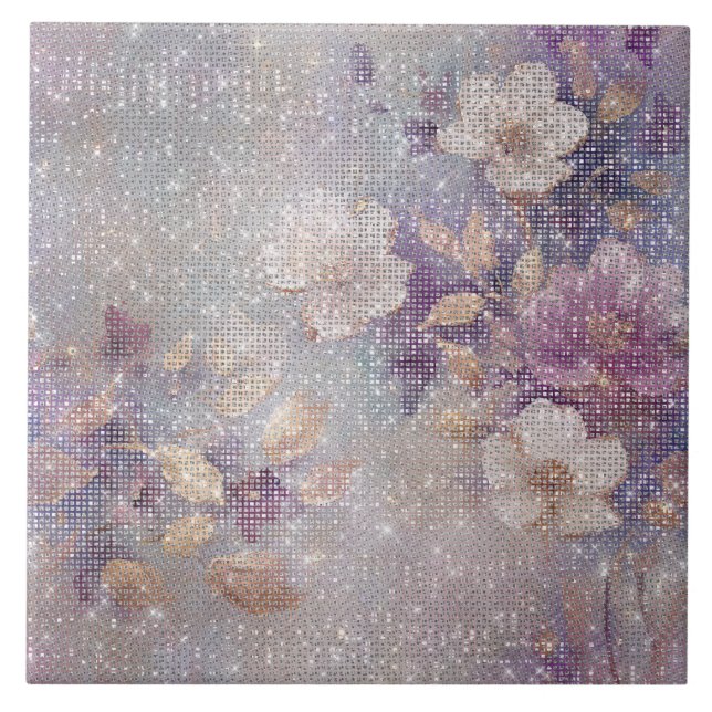 Glam Gold Purple Floral Sparkle   Ceramic Tile (Front)