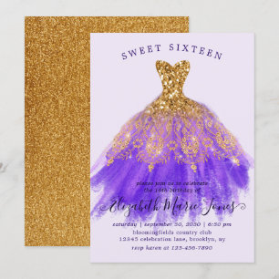 Glam Gold Purple Sparkle Dress Sweet 16th Birthday Invitation