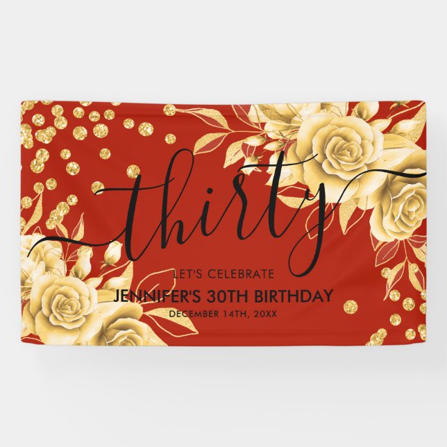 Glam Gold Red Floral Glitter 30th Birthday Script Banner (Horizontal)