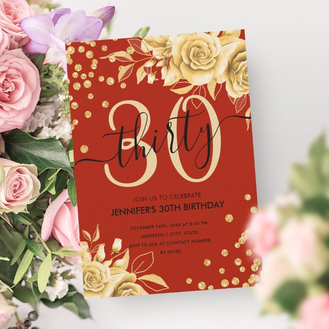 Glam Gold Red Floral Glitter 30th Birthday Script Invitation (Glam Gold Red Floral Glitter 30th Birthday Script Invitation)