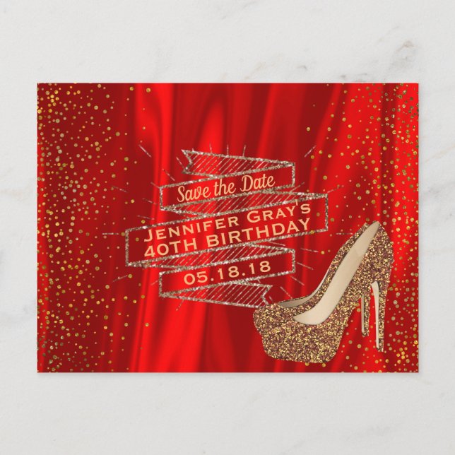 Glam Gold Red Save the Date Elegant Birthday Party Announcement Postcard (Front)
