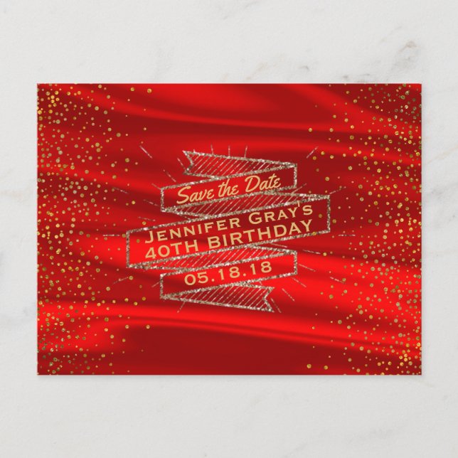 Glam Gold Red Save the Date Elegant Birthday Party Announcement Postcard (Front)