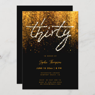 Glam Gold Rhinestones Calligraphy 30th Birthday Invitation