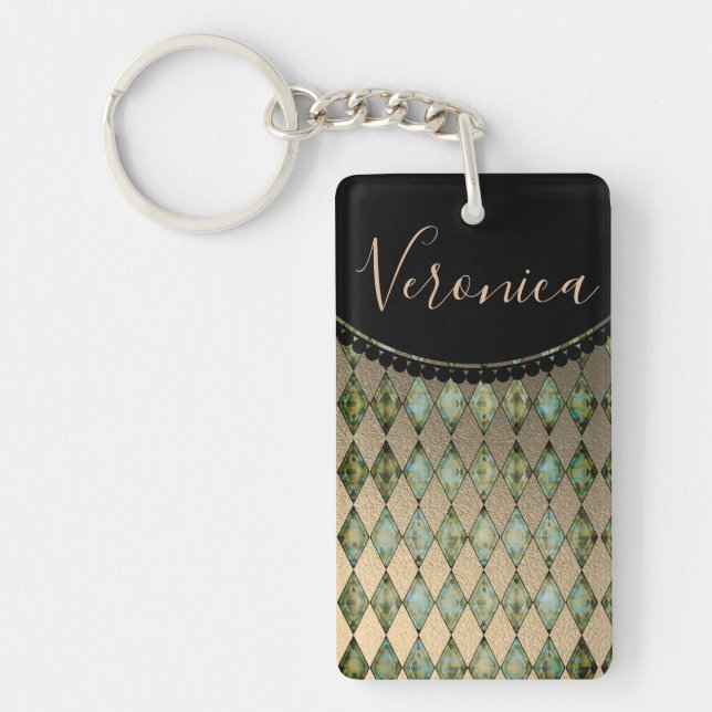 Glam Gold sage Harlequin Personalised  Key Ring (Front)
