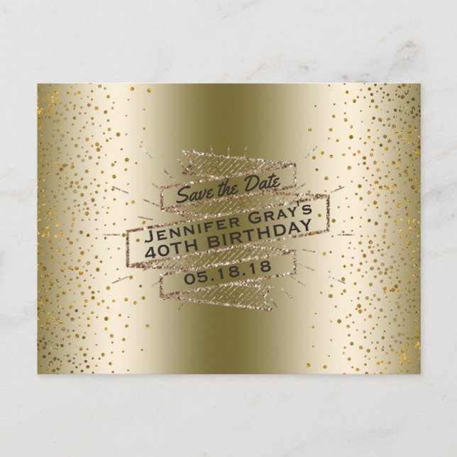 Glam Gold Save the Date Elegant Birthday Party Announcement Postcard (Front)