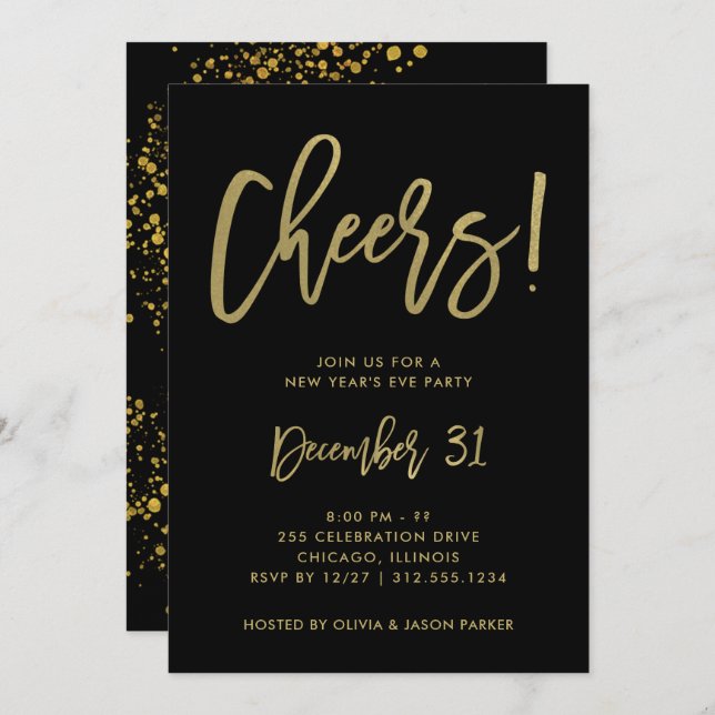 Glam Gold Script on Black | New Years Eve Party Invitation (Front/Back)