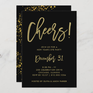 Glam Gold Script on Black New Years Eve Party Invitation