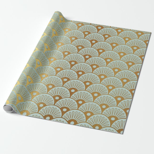 Glam Gold Seashells Mint Green Nautical Yacht Club Wrapping Paper (Unrolled)