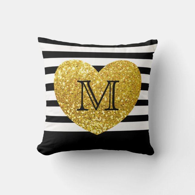 Glam/Gold Sequins Heart/Personalised Striped Cushion (Front)