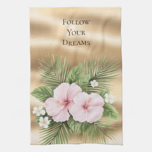 Glam Gold Tropical Blue Pink Hibiscus Floral Tea Towel