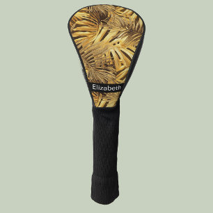 Glam Gold Tropical Leaves Personalised Golf Head Cover