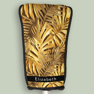 Glam Gold Tropical Leaves Personalized Golf Head Cover