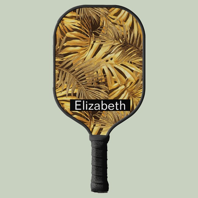 Glam Gold Tropical Leaves Personalized Pickleball Paddle (Creator Uploaded)