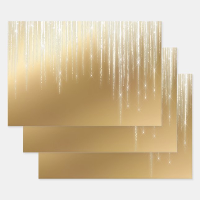 Glam Gold White Icicles Christmas Wrapping Paper Sheet (Set)