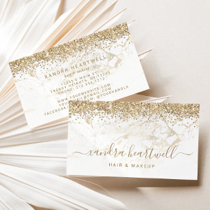 Glam Gold White Marble Glitter Script Business Card