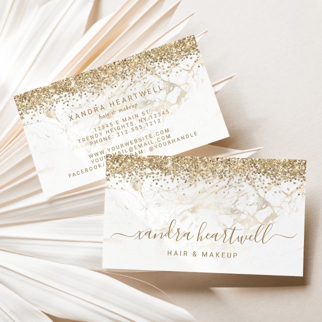 Glam Gold White Marble Glitter Script Business Card (Creator Uploaded)