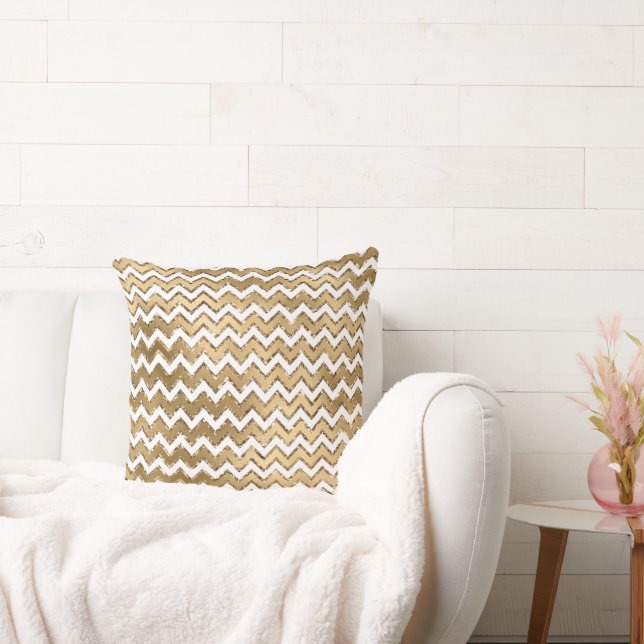 Glam Gold White Zigzag Stripes Cushion (Couch)