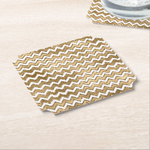 Glam Gold White Zigzag Stripes Paper Coaster