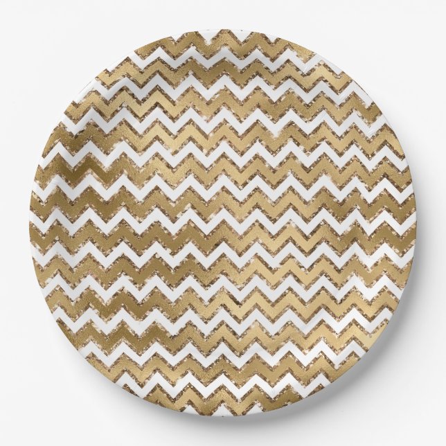 Glam Gold White Zigzag Stripes Paper Plate (Front)