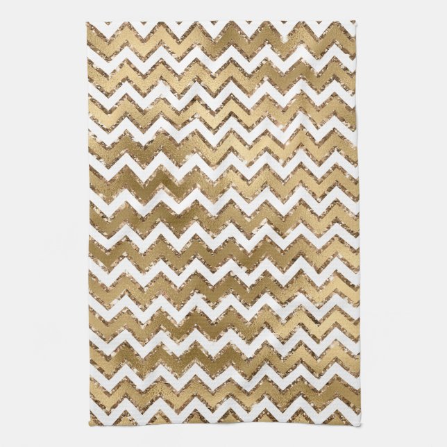 Glam Gold White Zigzag Stripes Tea Towel (Vertical)