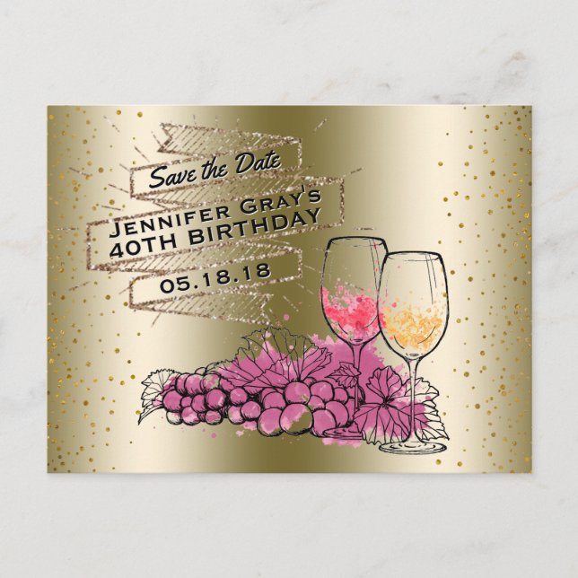 Glam Gold Wine Save the Date Elegant Birthday Announcement Postcard (Front)