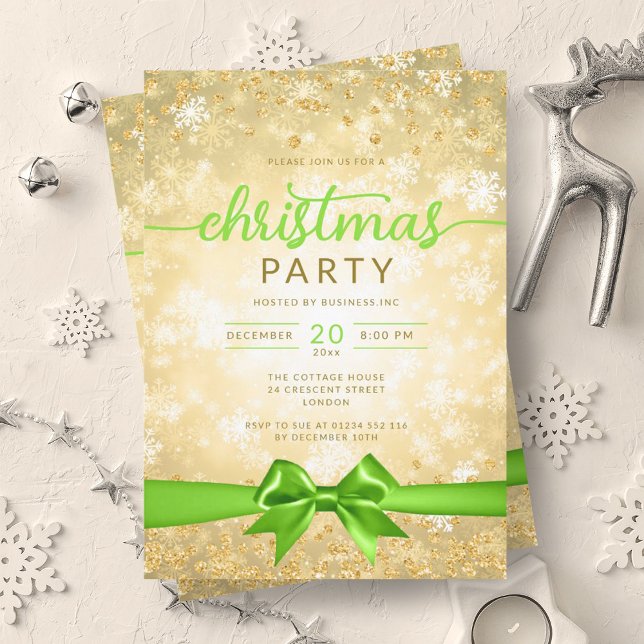 Glam Gold Winter Snowflake Company Green Ribbon Invitation (Glam Gold Winter Snowflake Company Green Ribbon Invitation)