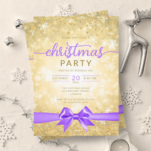 Glam Gold Winter Snowflake Company Purple Ribbon Invitation