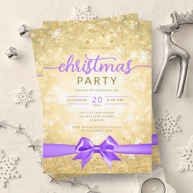 Glam Gold Winter Snowflake Company Purple Ribbon Invitation (Glam Gold Winter Snowflake Company Purple Ribbon Invitation)