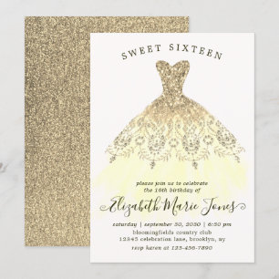 Glam Gold Yellow Sparkle Dress Sweet 16th Birthday Invitation