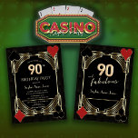 Glam Golden Art Deco Casino Poker 90th Birthday  Invitation<br><div class="desc">Charming Casino Royale and Roaring 20s themed card design. It features vintage faux gold fleur-de-lis, Roaring 20's old Hollywood style, playing cards suits, 3D rendered gold balloon texture for 90, on a gold black Art Deco pattern. Use Personalise tool to add your information. For more, visit please, my Glam Casino...</div>