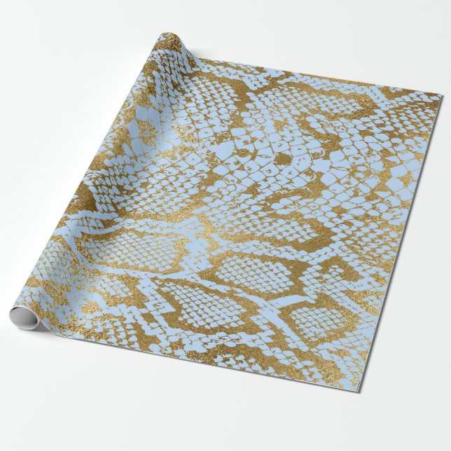 Glam Golden Blue Python Snake Skin Vip Wrapping Paper (Unrolled)