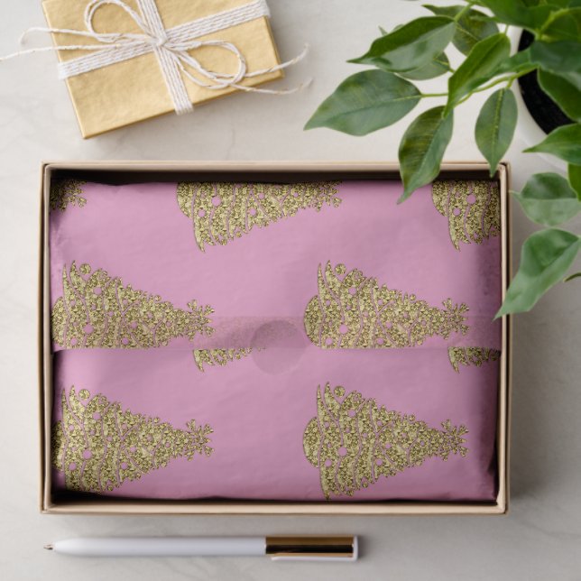 Glam Golden Christmas Trees on Pink Christmas Tissue Paper (Gift)