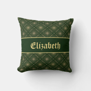 Glam Golden Personalized Art Deco Green & Gold Cushion