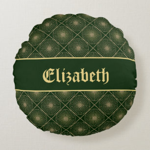 Glam Golden Personalized Art Deco Green & Gold Round Cushion