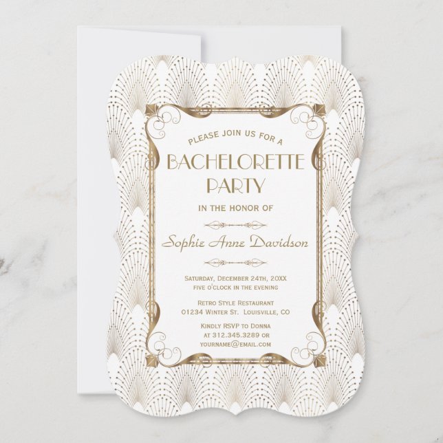 Glam Great Gatsby Gold White Bachelorette Party Invitation (Front)