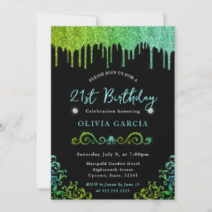 Glam Green and Blue Glitter 21st Birthday Invitation