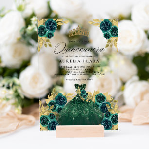 Glam Green Dress Floral 15th Quinceañera Acrylic Invitations
