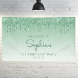 Glam Green Glitter Drip 18th Birthday Party Banner<br><div class="desc">Welcome guests with this chic,  glamourous 18th birthday party banner,  featuring a sparkly green faux glitter drip border and green ombre background. Personalise it with her name in green handwriting script,  with the birthday and date below in green sans serif font.</div>