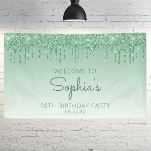 Glam Green Glitter Drip 18th Birthday Party Banner