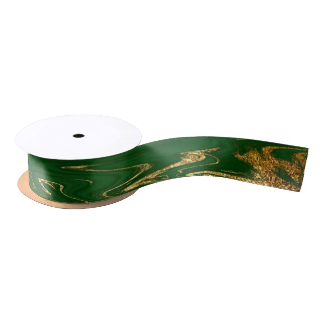 Glam Green Gold Faux Marble Satin Ribbon (Spool)