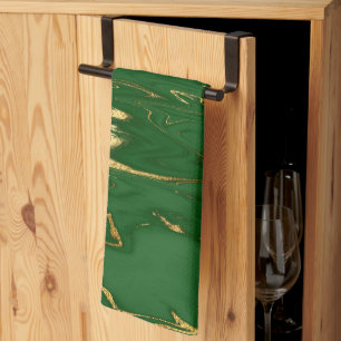 Glam Green Gold Faux Marble Tea Towel