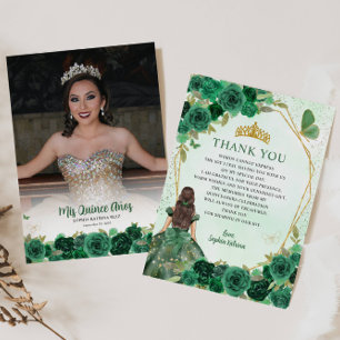 Glam Green Gold Floral Princess Quinceañera Photo Thank You Card