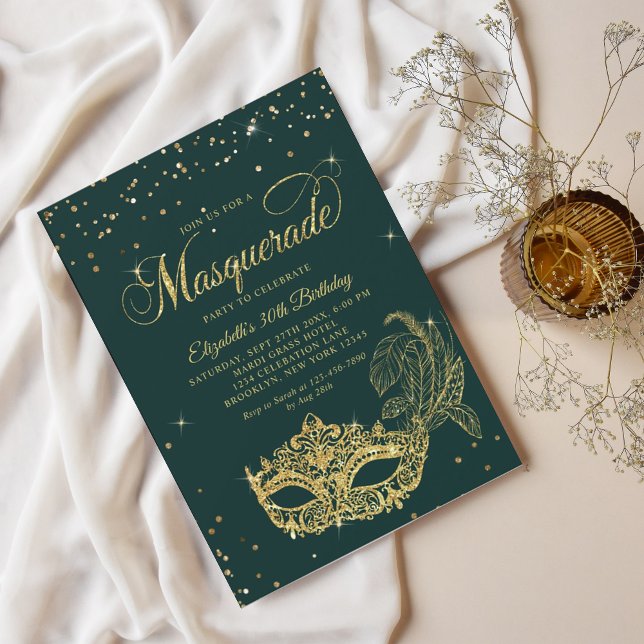 Glam Green Gold Glitter Masquerade Birthday Invitation (Creator Uploaded)