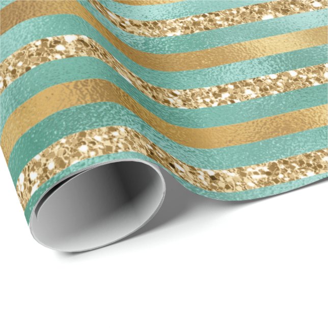 Glam Green Gold Glitter Stripes Wrapping Paper (Roll Corner)