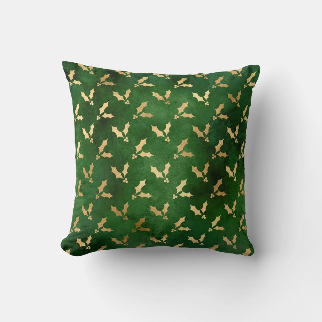 Glam Green Gold Holly Christmas Cushion (Front)