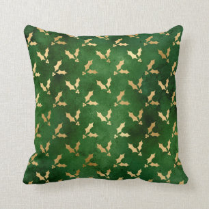 Glam Green Gold Holly Christmas Cushion